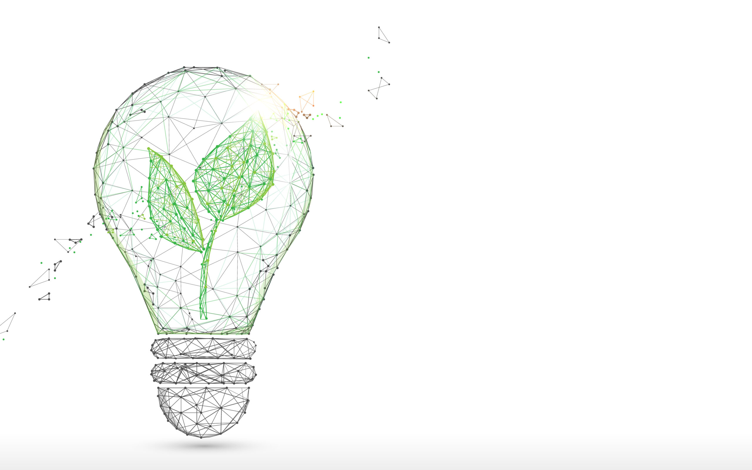 Light Bulb with green plant form lines, triangles and particle s