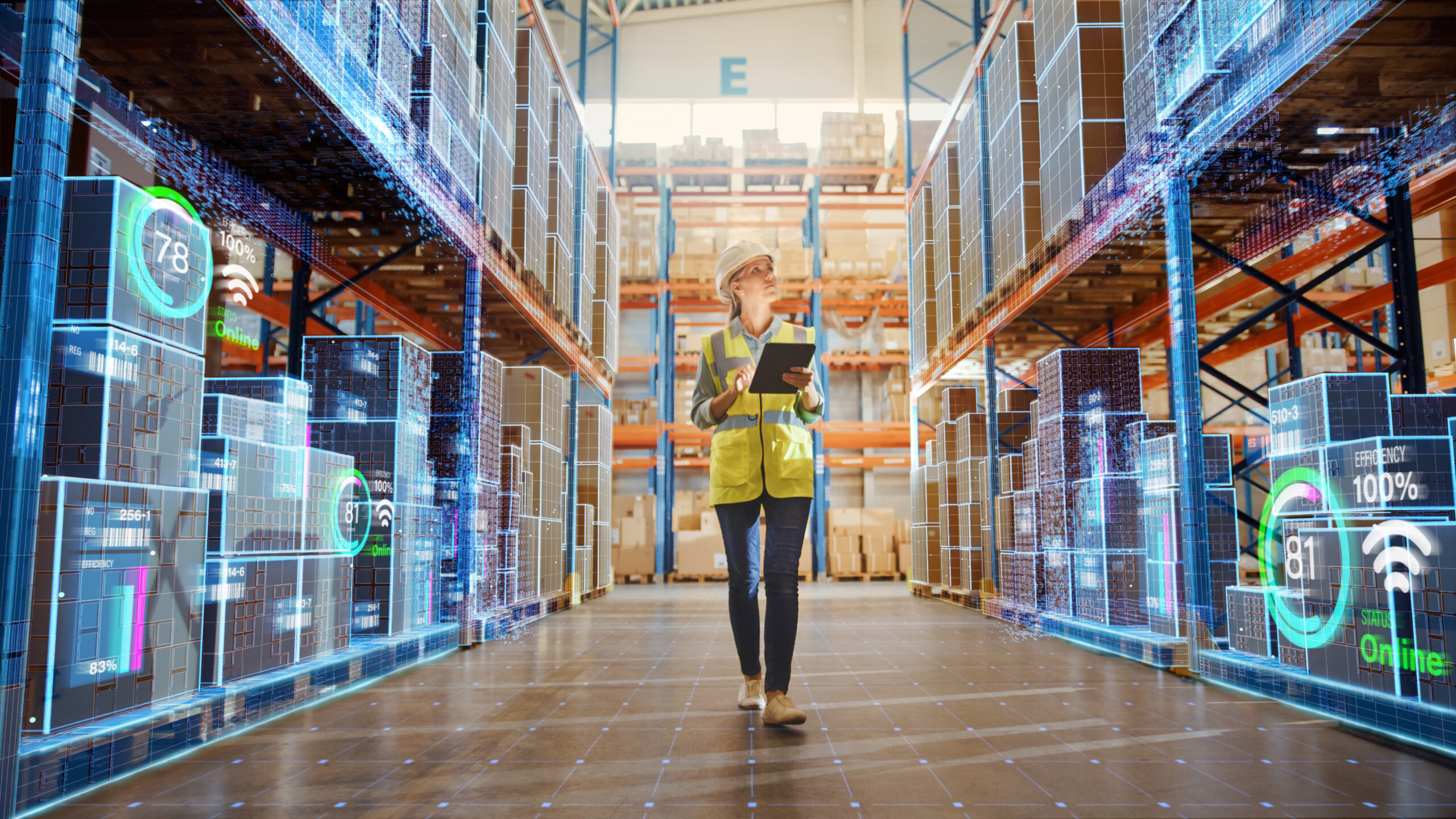 Futuristic Technology Retail Warehouse: Worker Doing Inventory