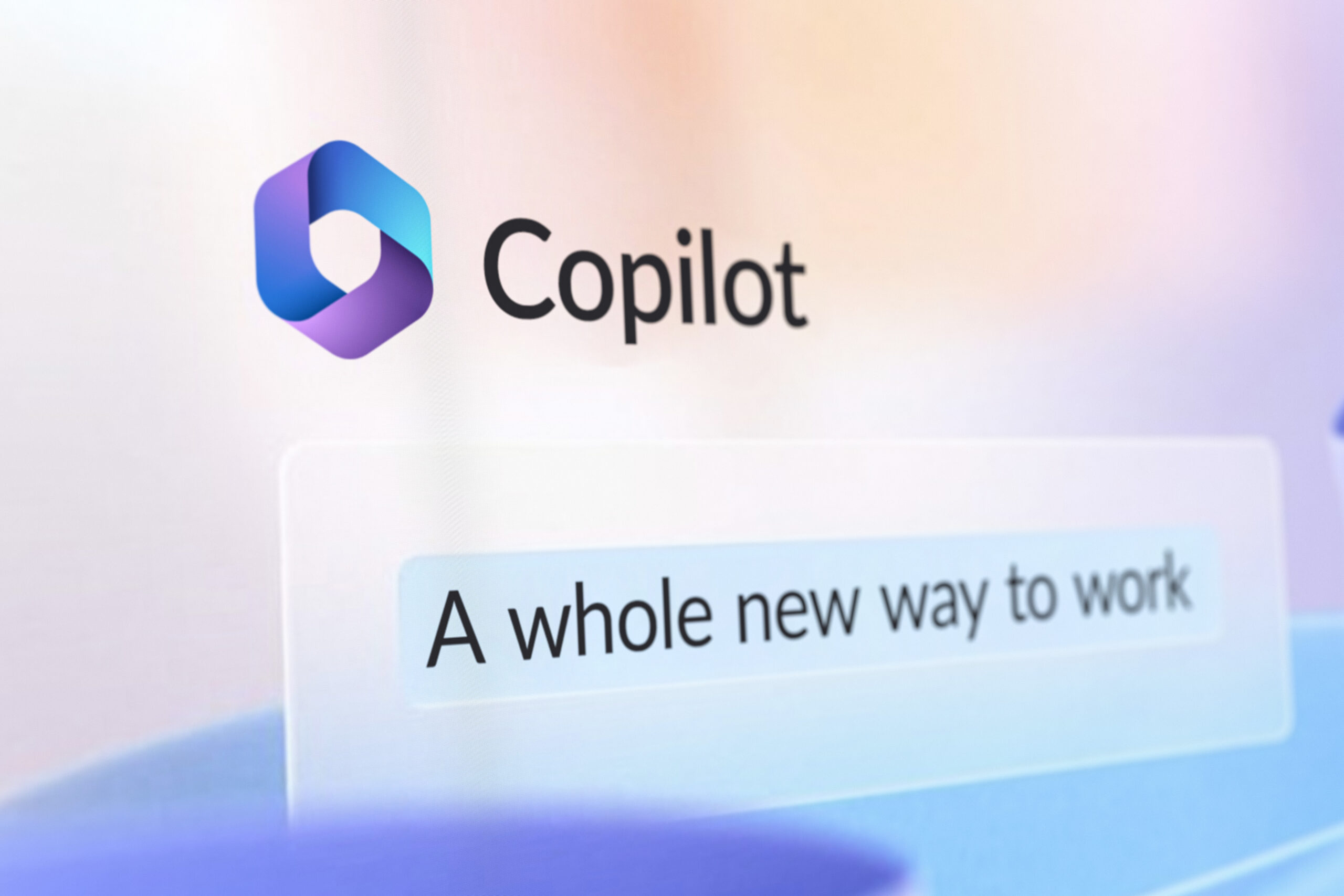 Screenshot of Copilot for Microsoft 365 the ChatGPT based helper for automating tasks within the Microsoft productivity apps. Selective focus.