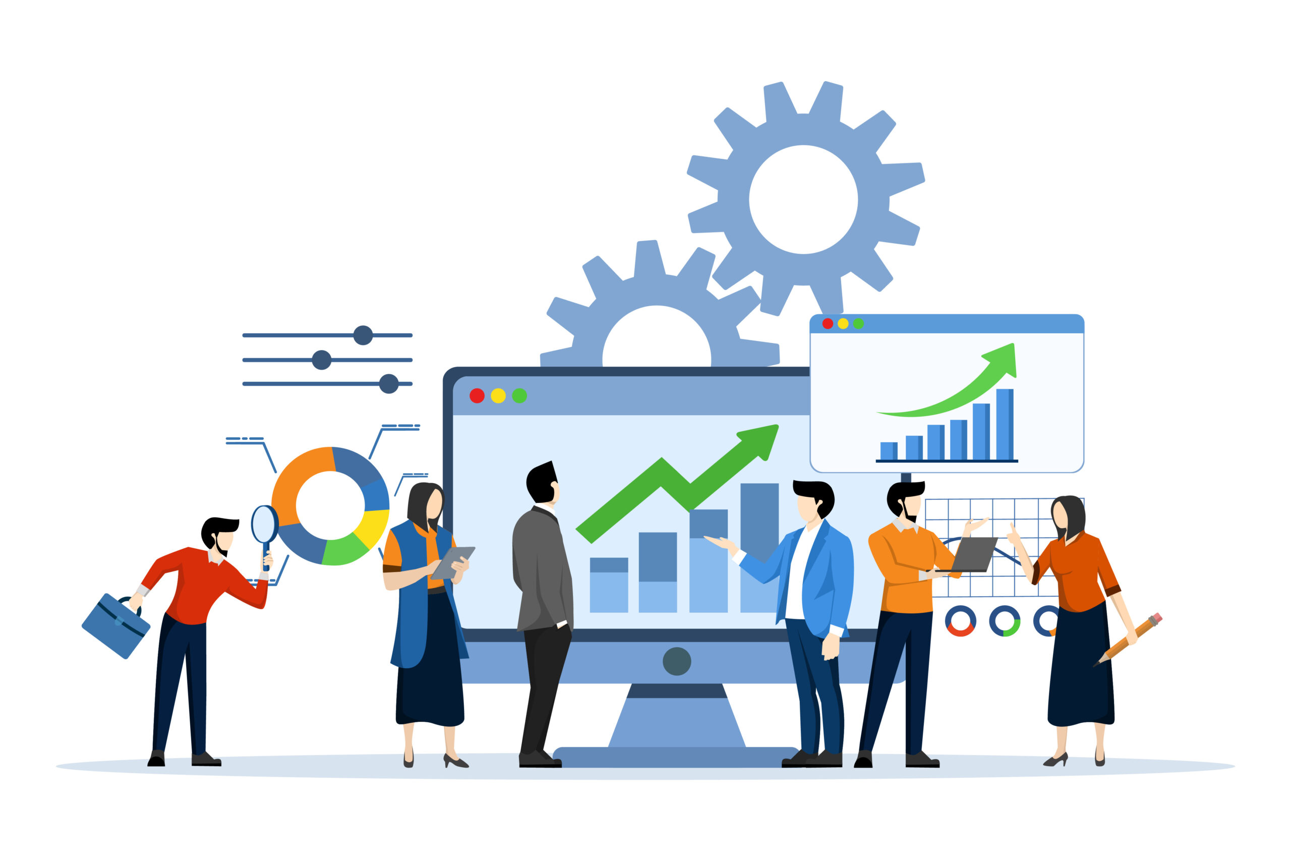 Business performance data analysis concept. Charts for SEO. Marketing research chart. Business team using magnifying glass and productivity tools to analyze charts. flat vector illustration.